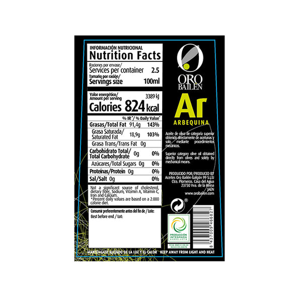 Oro Bailén Reserva Familiar Arbequina Extra Virgin Olive Oil 250 ml